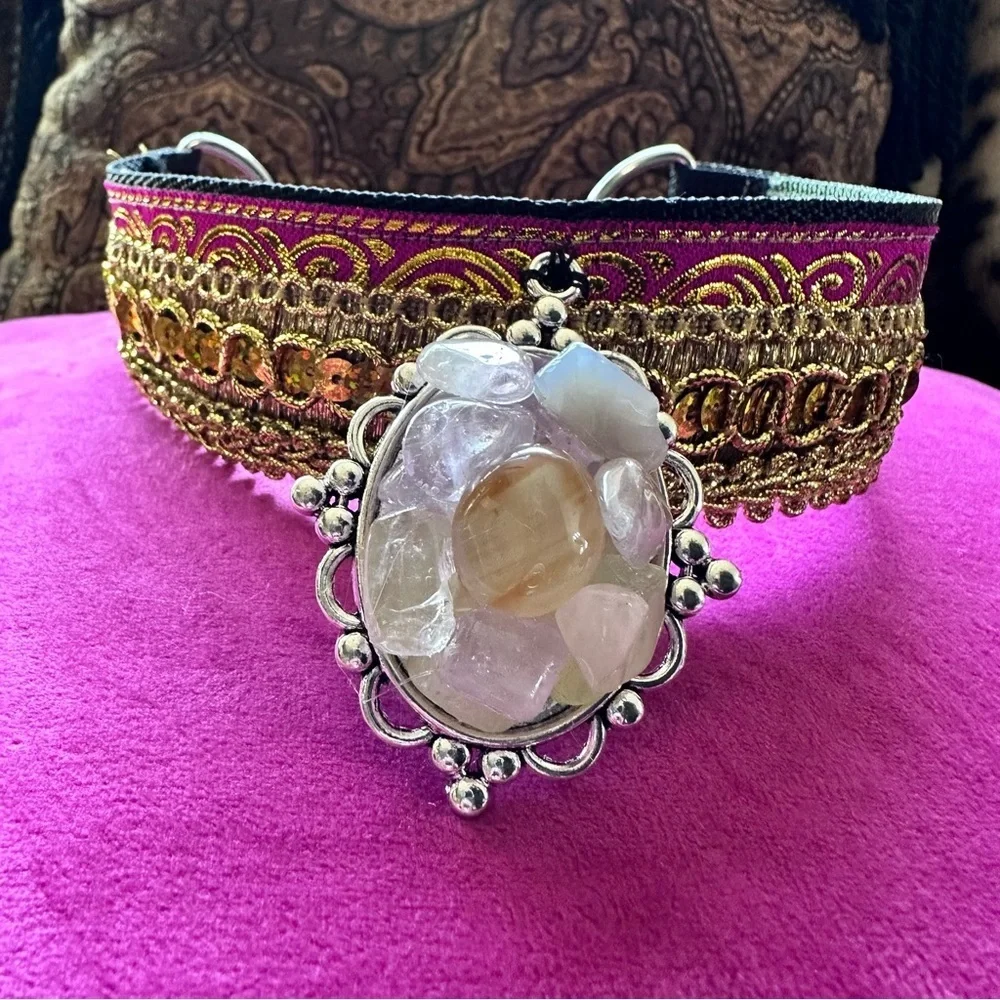Artisan Boho Choker Necklace Gold Metallic + Handmade Quartz Pendant OOAK Signed